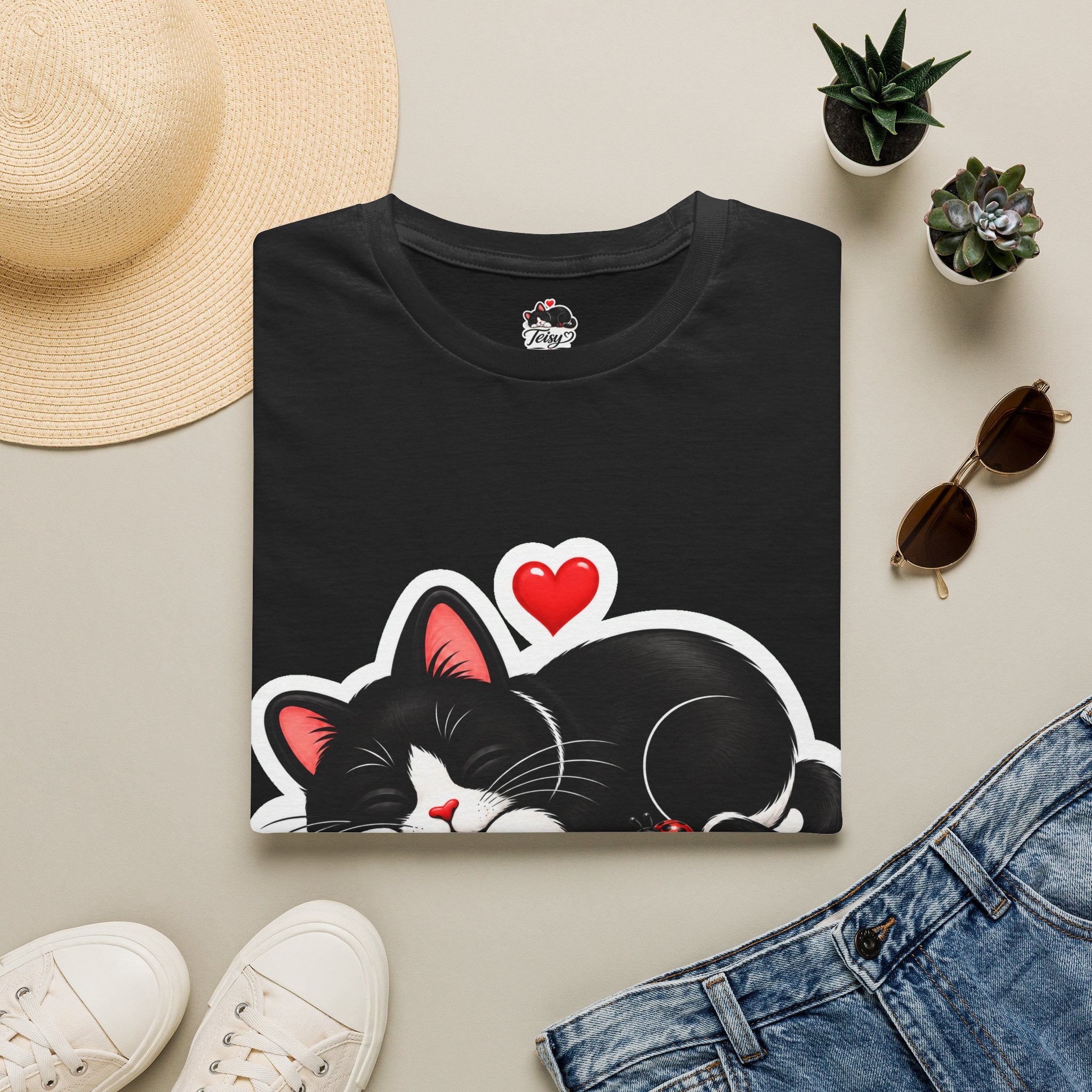 Cat Name T-Shirt — Customizable "Teisy" Sleeping Black Cat with Hearts