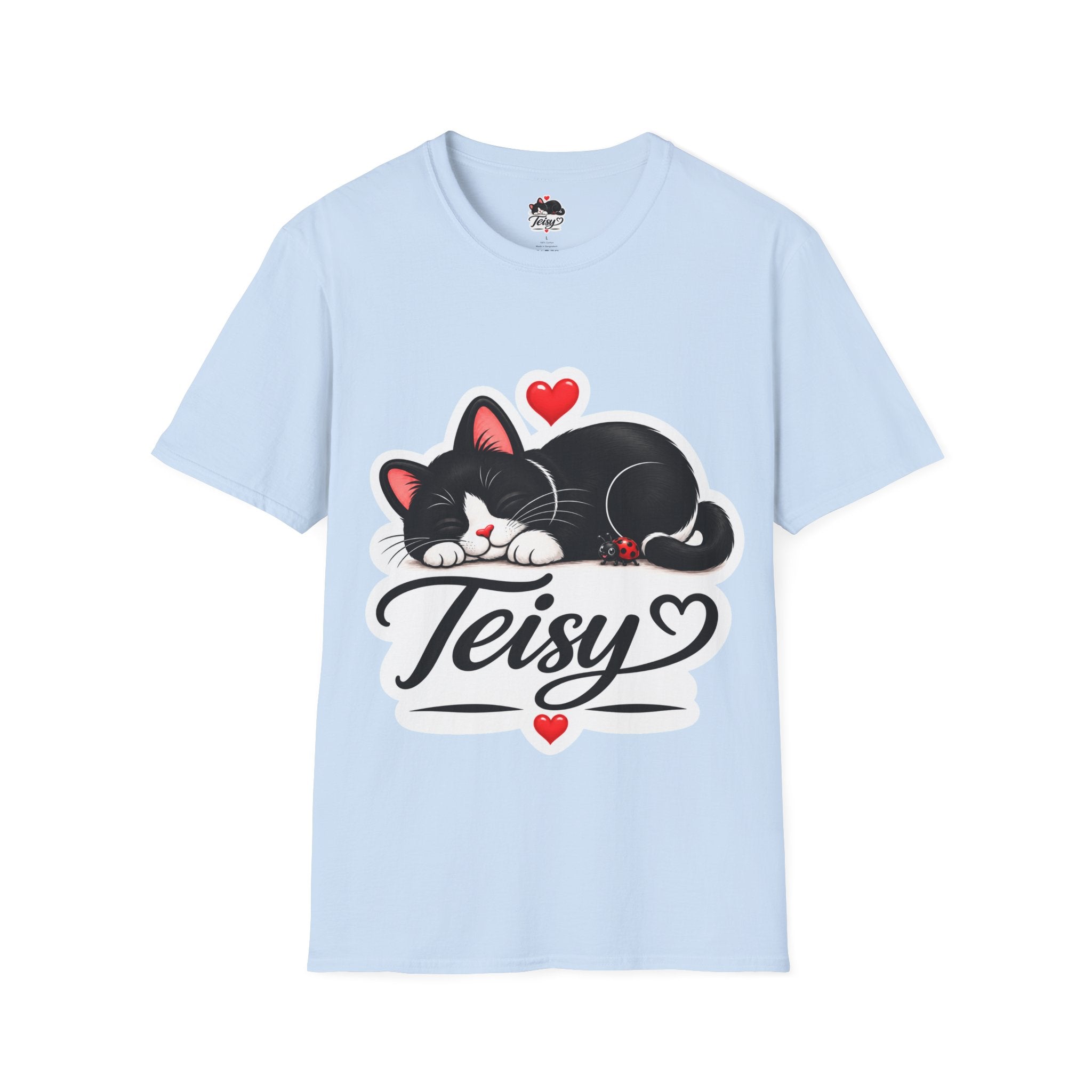 Cat Name T-Shirt — Customizable "Teisy" Sleeping Black Cat with Hearts