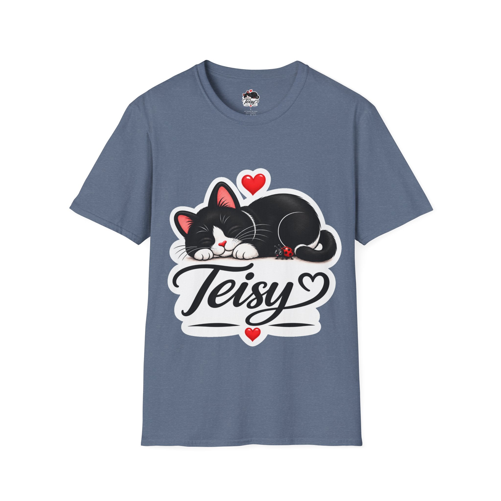 Cat Name T-Shirt — Customizable "Teisy" Sleeping Black Cat with Hearts