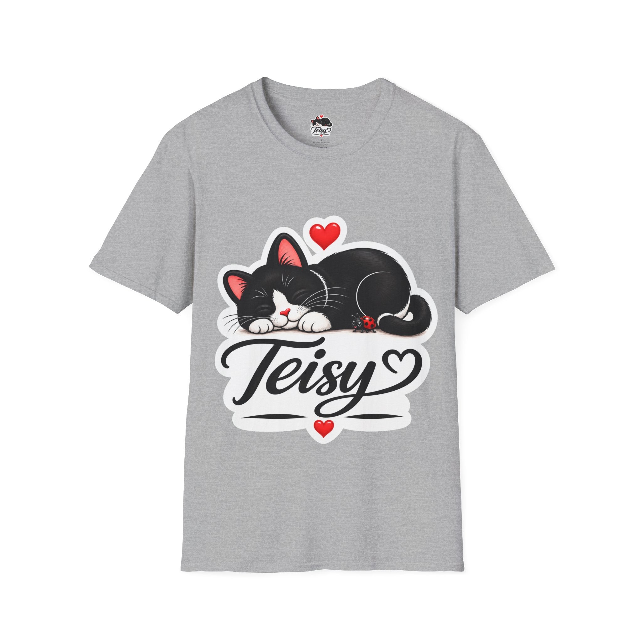 Cat Name T-Shirt — Customizable "Teisy" Sleeping Black Cat with Hearts
