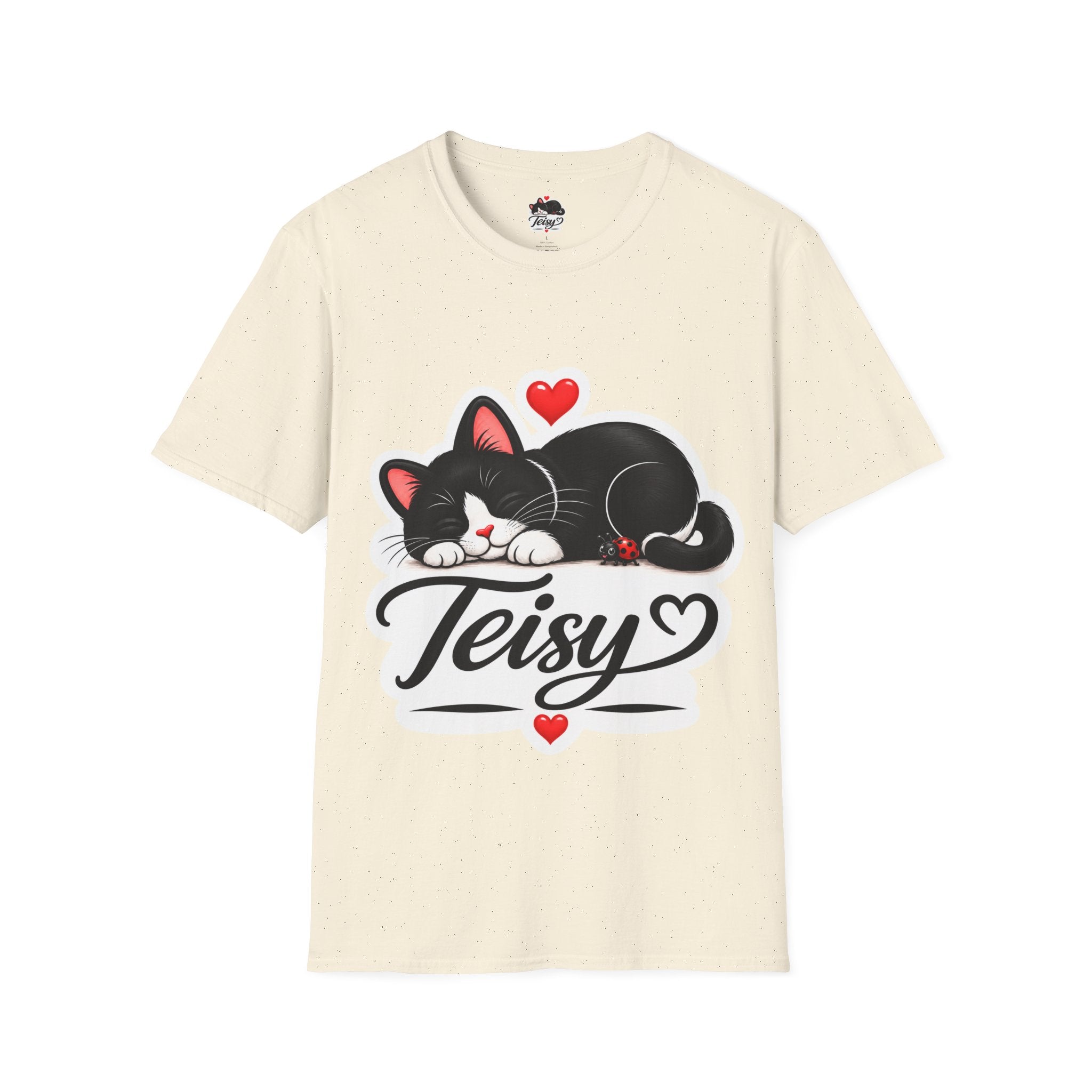 Cat Name T-Shirt — Customizable "Teisy" Sleeping Black Cat with Hearts