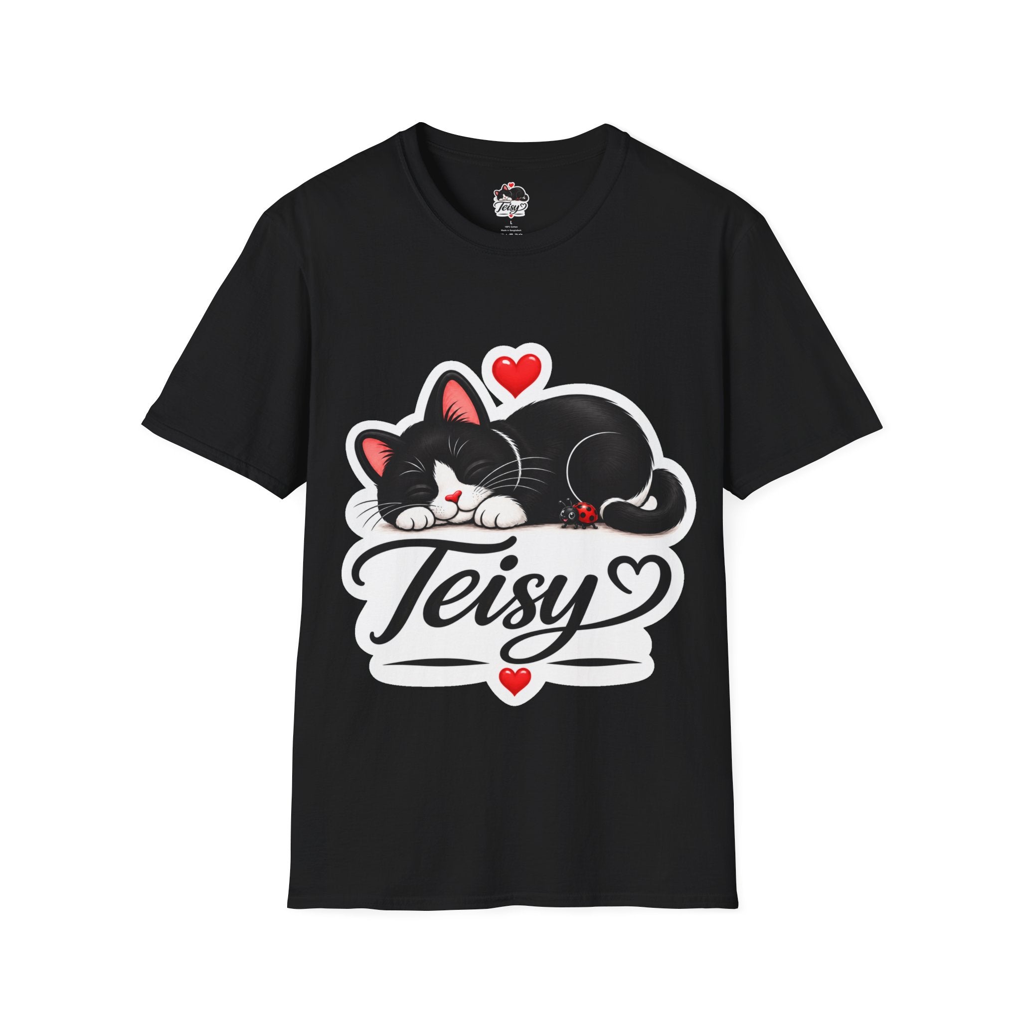 Cat Name T-Shirt — Customizable "Teisy" Sleeping Black Cat with Hearts