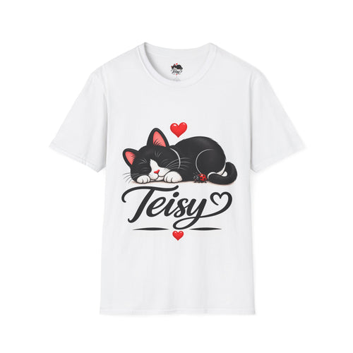 Cat Name T-Shirt — Customizable "Teisy" Sleeping Black Cat with Hearts
